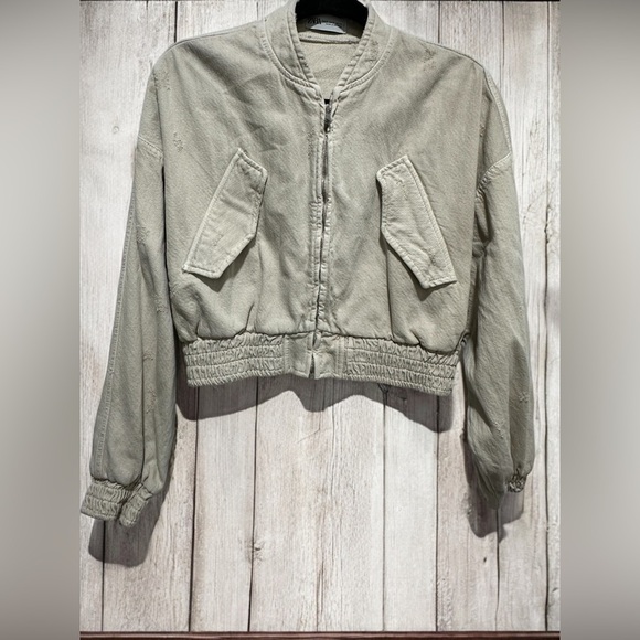 Zara Oatmeal Cropped Distressed Bomber Jacket Size Small EUC - Picture 1 of 5